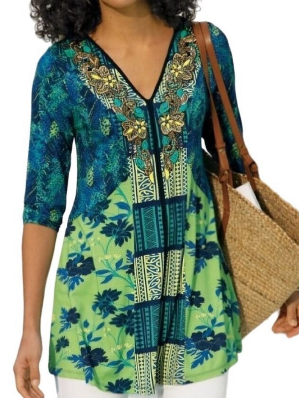 Soft Surroundings 3/4 Sleeve Embroidered Beaded Blue Green V-Neck Tunic Size 1X